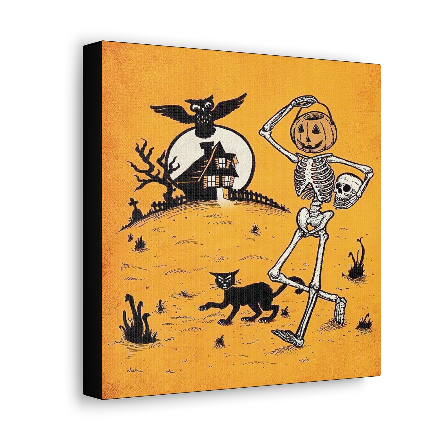 This canvas wall art features a retro vintage Halloween illustration of a skeleton with a trick or treating bucket for a head, a black cat, flying owl and spooky house with a full moon. The background is yellowish orange.