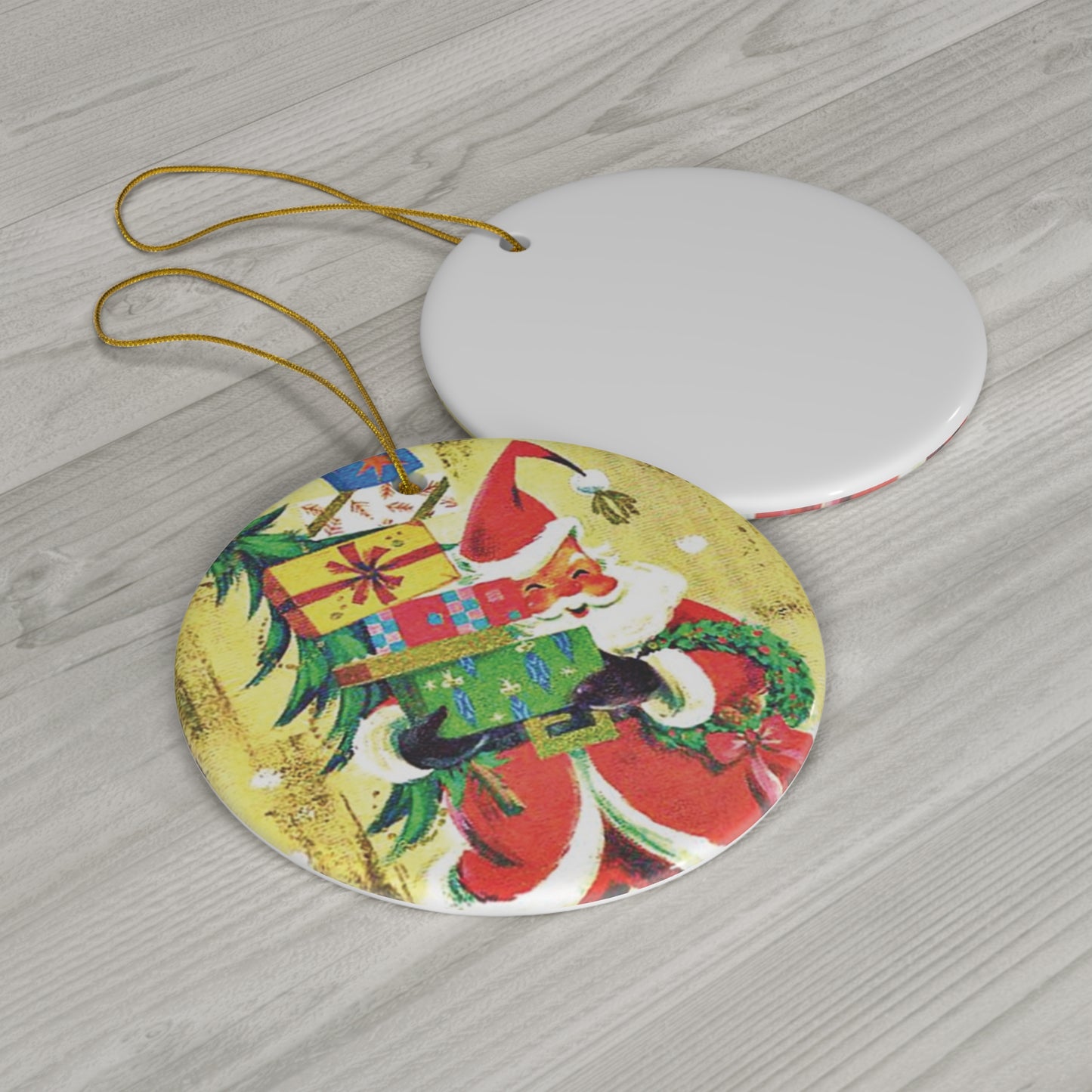 Santa With Presents Mid Century Retro Christmas Print Ceramic Ornament