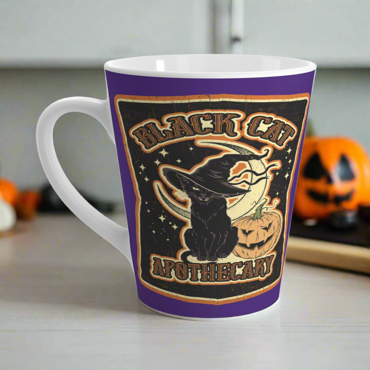 This 12 ounce ceramic glossy latte mug features Halloween distressed style print of a black cat wearing a witch's hat and says Black Cat Apothecary. There is a yellow moon and jack o'lantern.