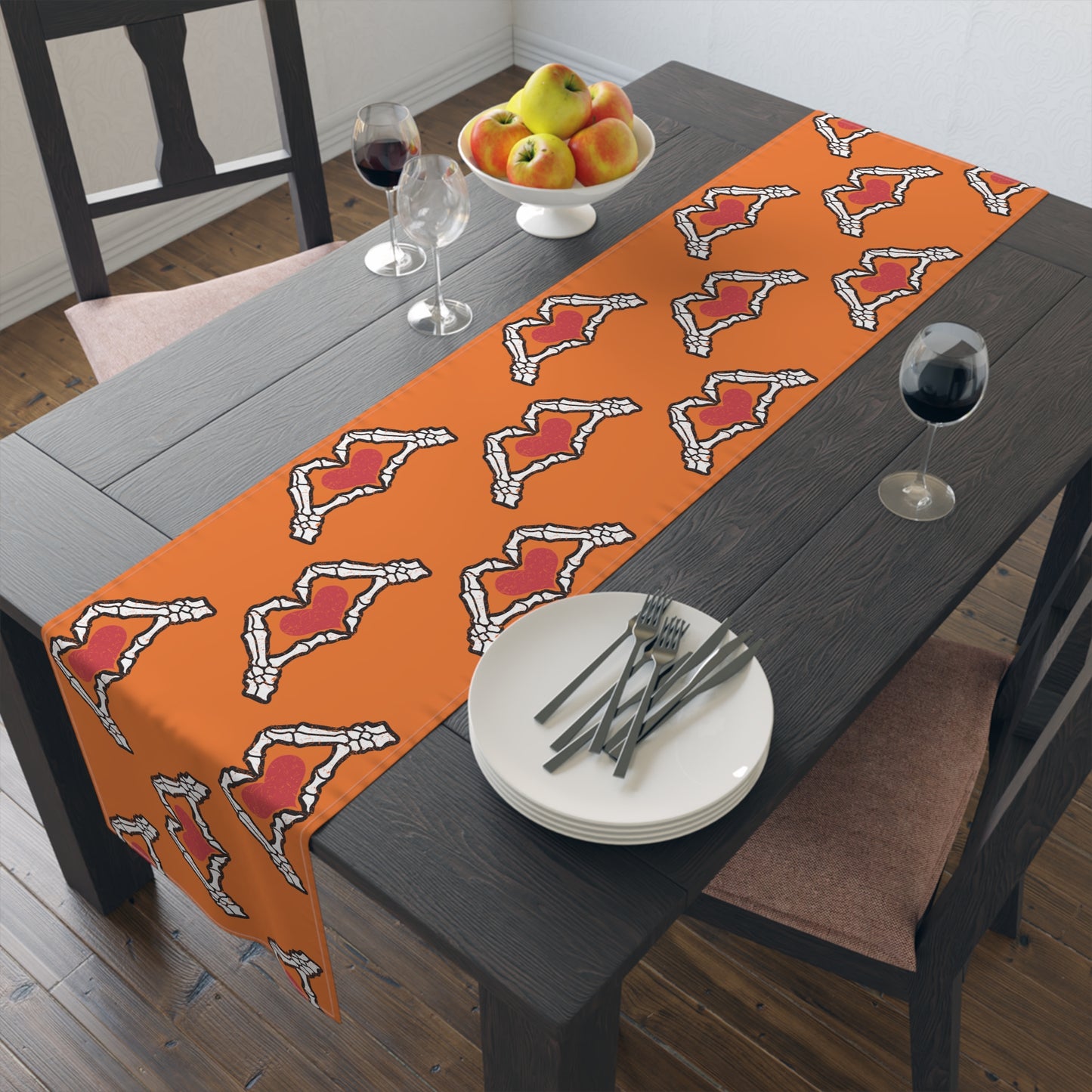 Skeleton Heart Hands Halloween Decor Orange Cotton Poly Table Runner