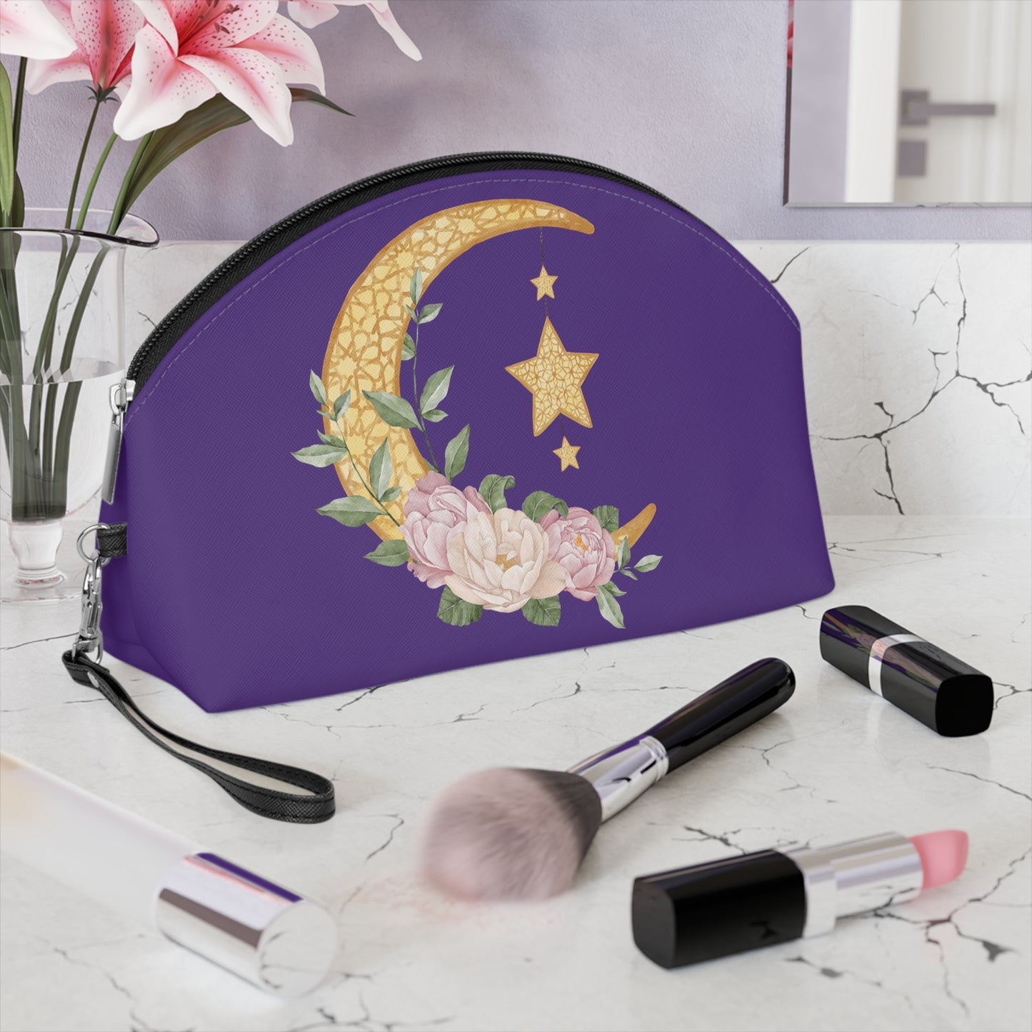 Crescent Moon Stars Purple Cosmetic Travel Makeup Bag