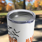 This 10 ounce stainless steel travel tumbler mug features orange retro lettering that says Halloween Vibes Only with black and white checkered print with flying bats. 