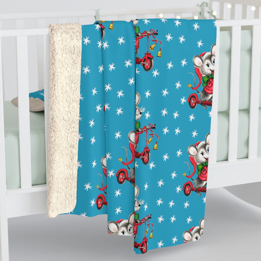 Christmas Mouse On Scooter Stars Blue Mid Century Retro Style Christmas Sherpa Fleece Blanket