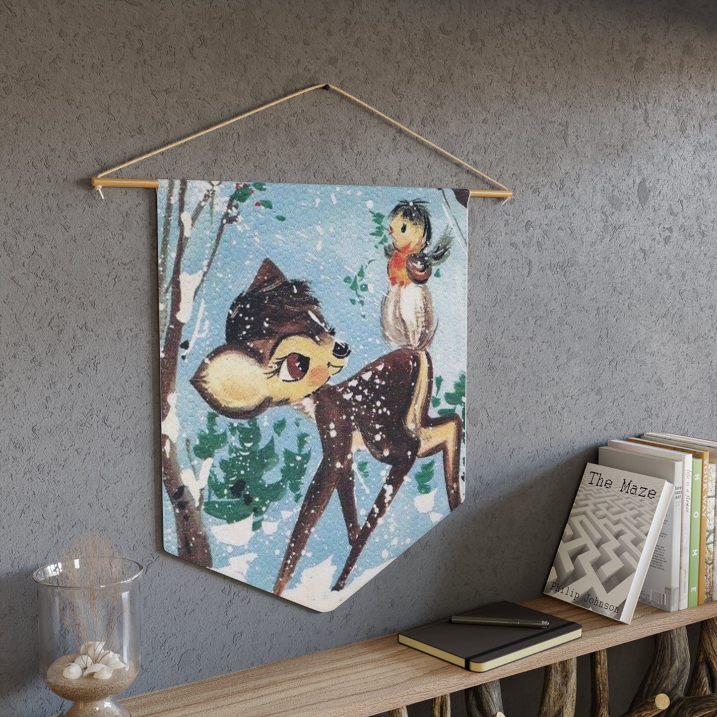 Baby Deer Fawn With Bird In Snow Woodland Retro Christmas Print Wall Hanging Banner Flag