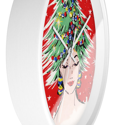 Christmas Tree Hat Lady Christmas 50s Mid Century Retro Christmas Print White Christmas Wall Clock