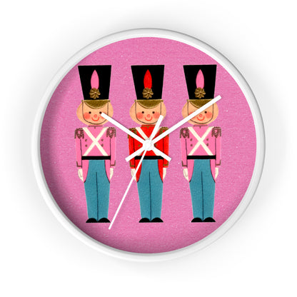 Christmas Toy Soldiers Pink Mid Century Retro Christmas Print White Christmas Wall Clock