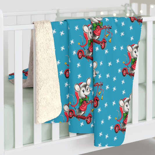 Christmas Mouse On Scooter Stars Blue Mid Century Retro Style Christmas Sherpa Fleece Blanket