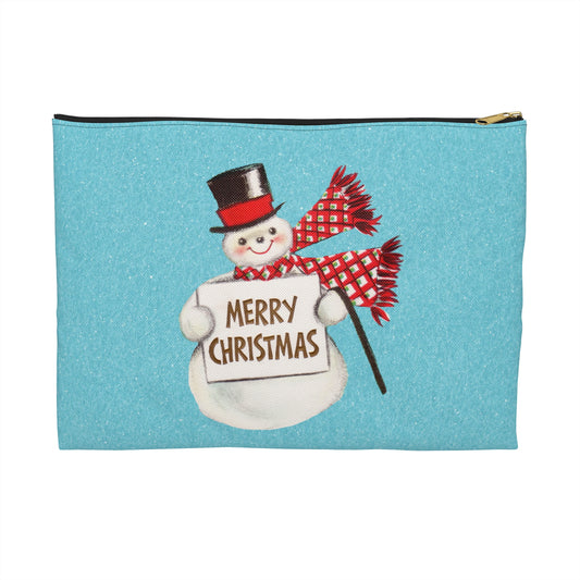 Merry Christmas Snowman Blue Mid Century Retro Christmas Print Polyester Accessory Pouch Travel Bag