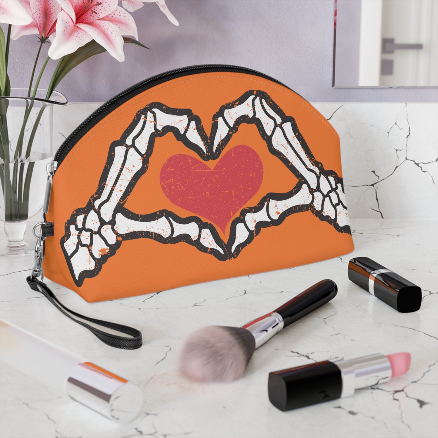 Skeleton Heart Hands Orange Halloween Travel Cosmetic Makeup Bag