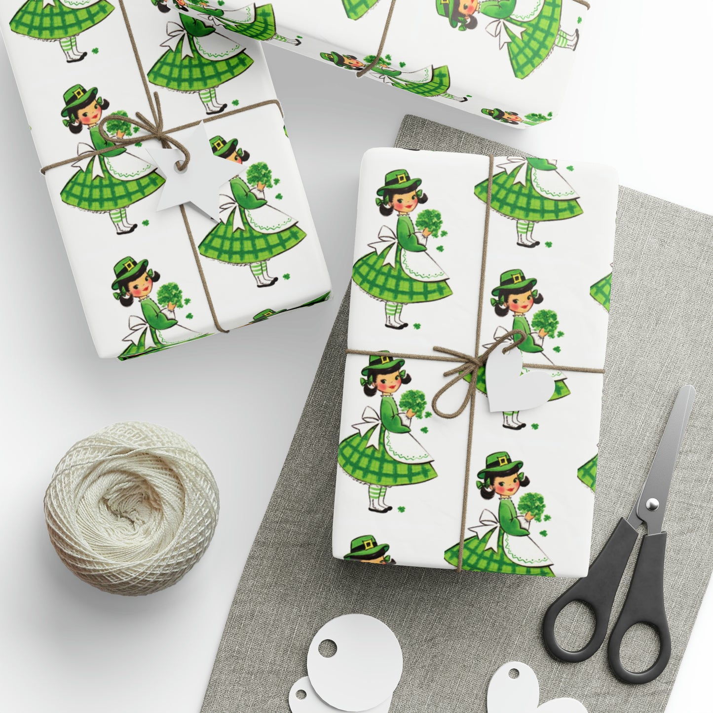 St Patrick's Day Girl Four Leaf Clovers Retro St Patrick's Day Print Holiday Gift Wrap Paper - Glossy Or Matte