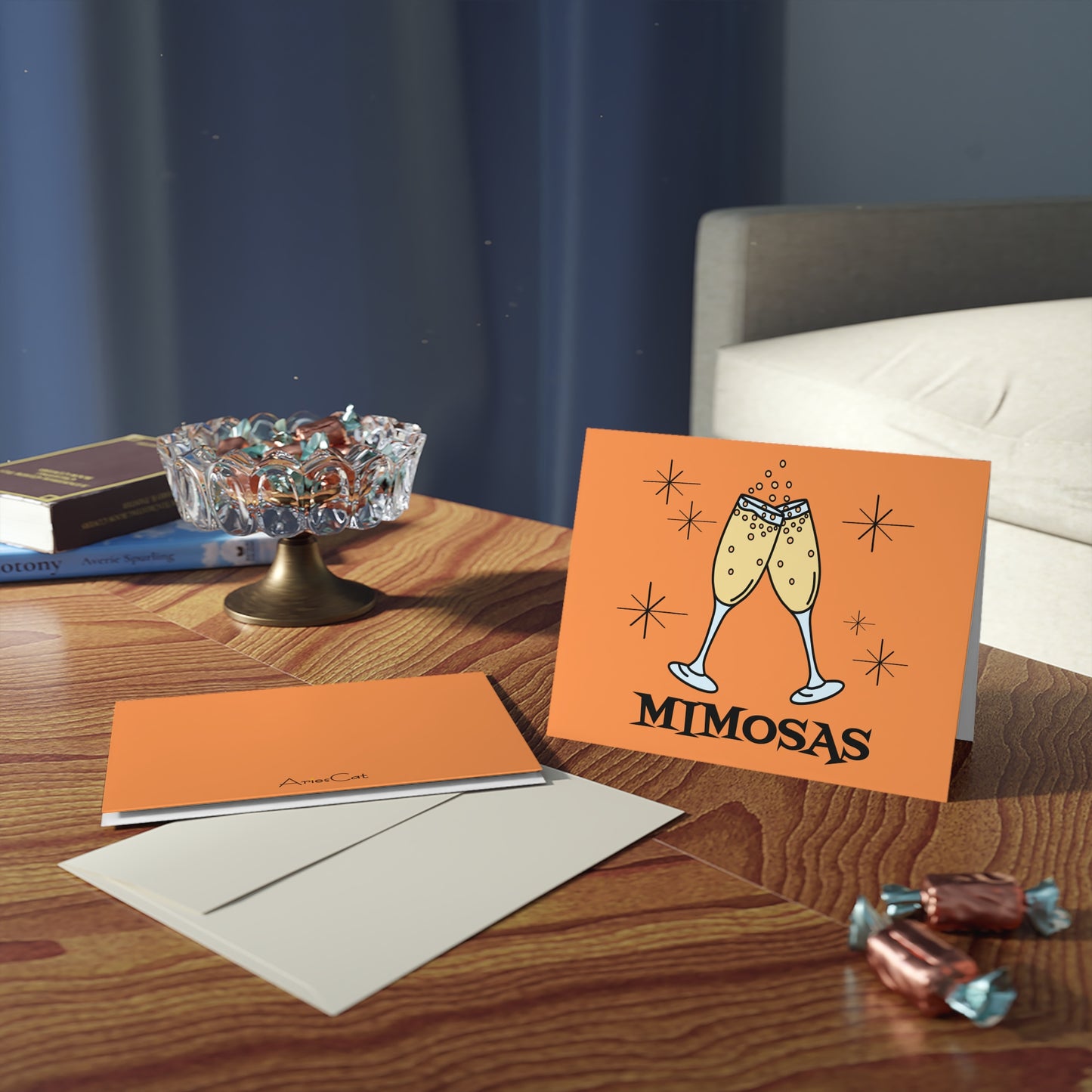 Mimosas Brunch Atomic Mid Century Retro Style Orange Matte Greeting Cards (8, 16, and 24 pcs)