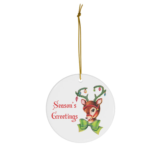 Season's Greetings Reindeer With Ornaments Mid Century Retro Christmas Print Ceramic Ornament