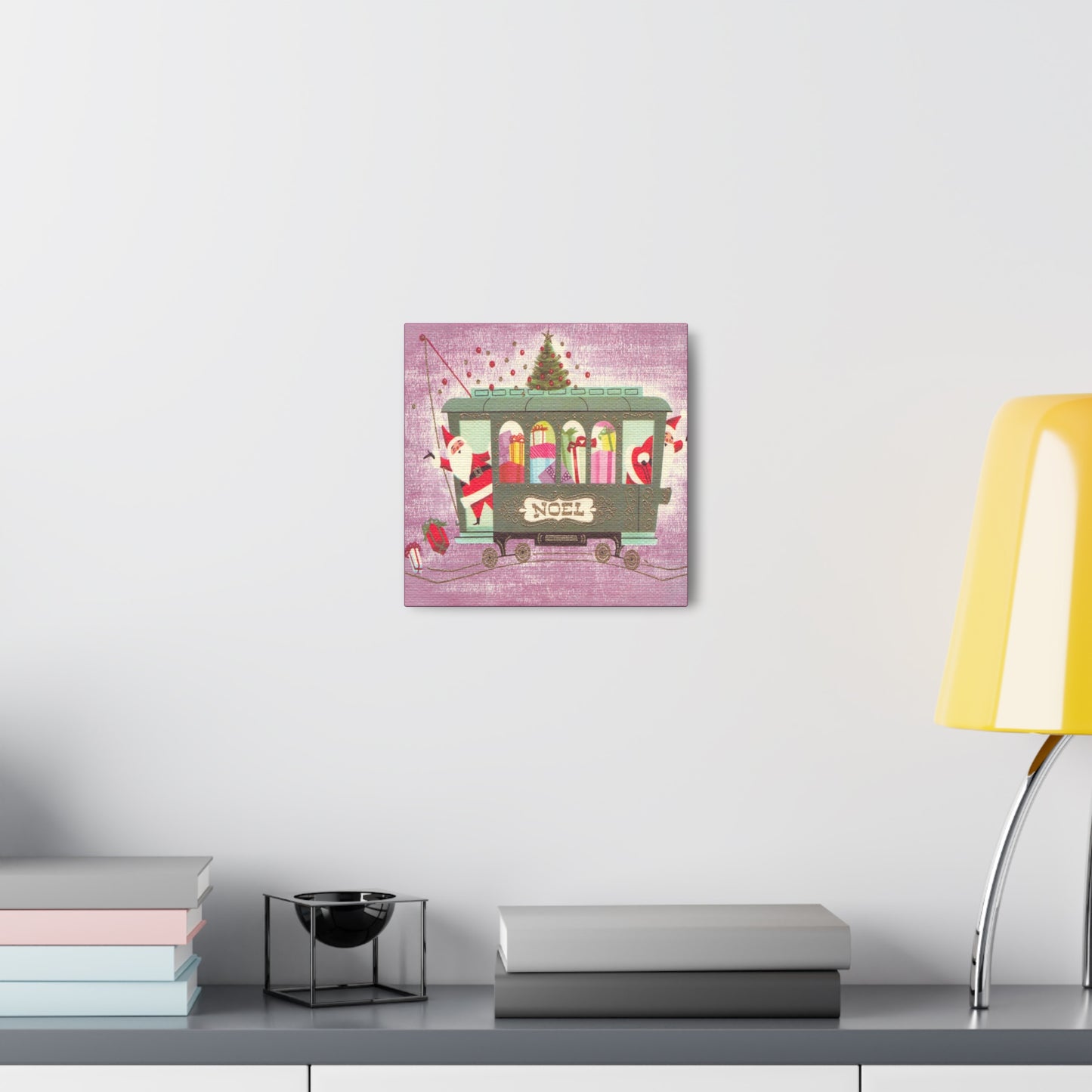 Noel Santas On Trolley Mid Century Retro Christmas Canvas Gallery Wrap