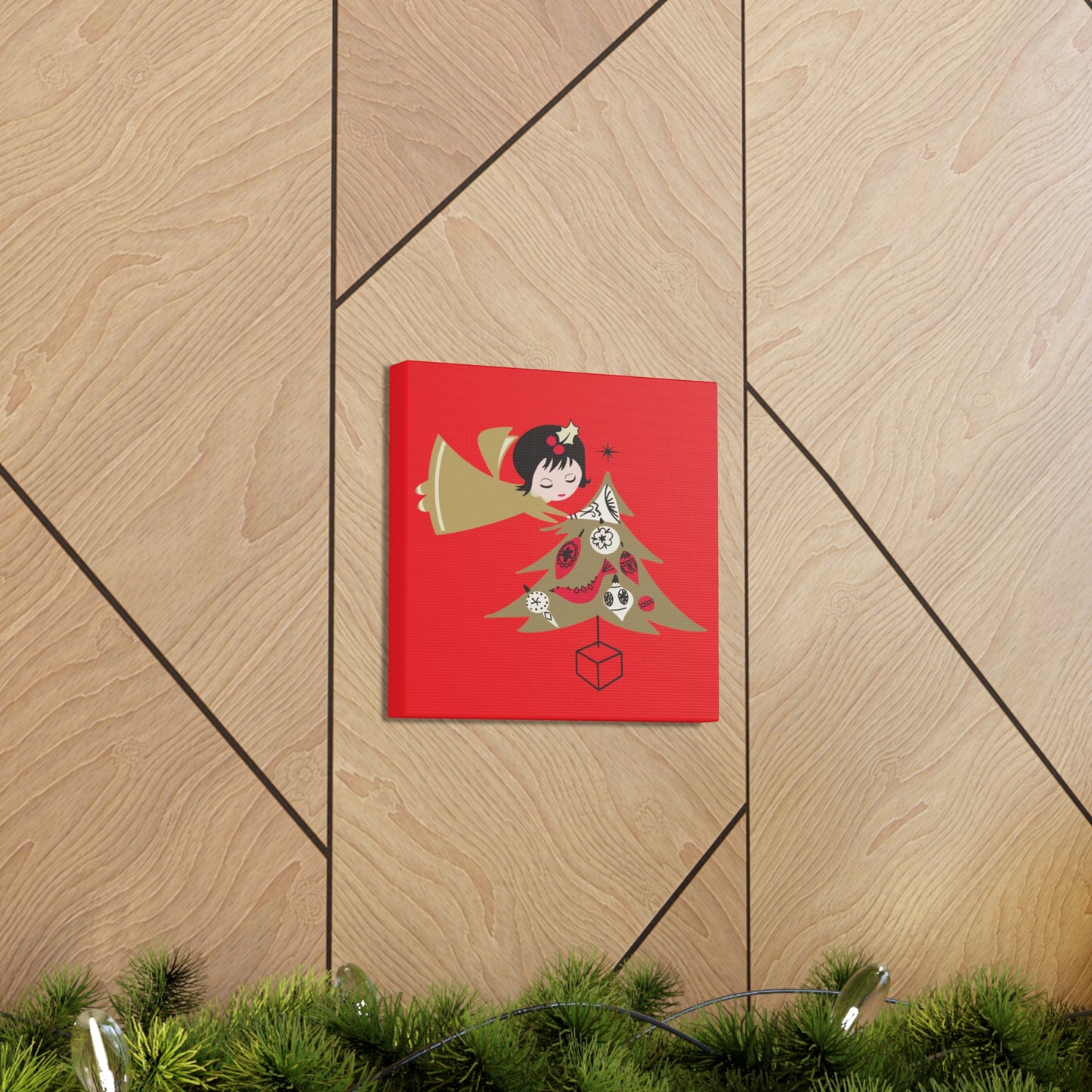 Gold Angel And Christmas Tree Retro Christmas Canvas Gallery Wrap