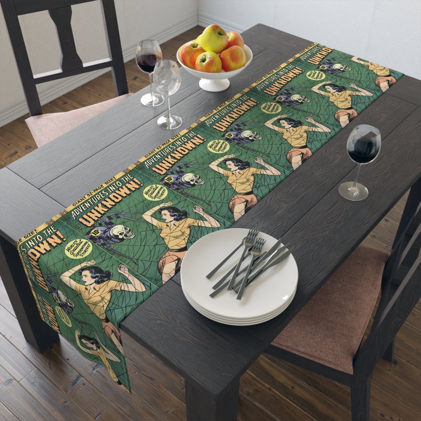 This fabric table runner features a retro cover to the gothic comic book Adventures Into The Unknown with a woman trapped in a giant web and a skeleton spider coming at her.