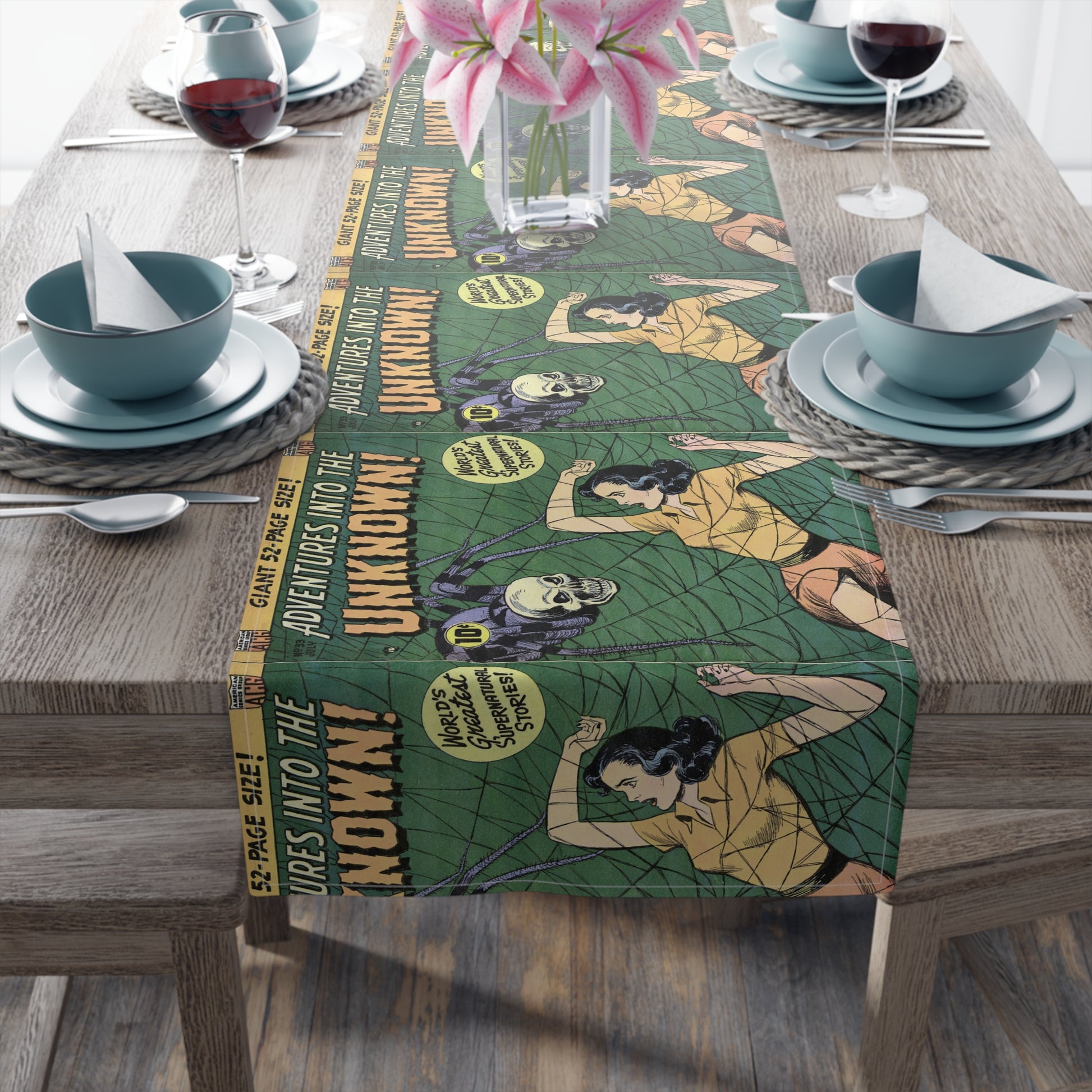 This fabric table runner features a retro cover to the gothic comic book Adventures Into The Unknown with a woman trapped in a giant web and a skeleton spider coming at her.