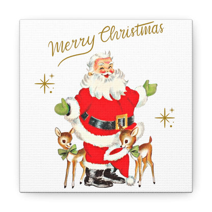 Merry Christmas Santa And Reindeer Mid Century Retro Christmas Canvas Gallery Wrap