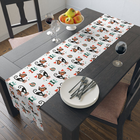 Atomic Santa Christmas Black Cats With Presents Atomic Mid Century Retro Style Christmas Table Runner - Cotton Or Polyester