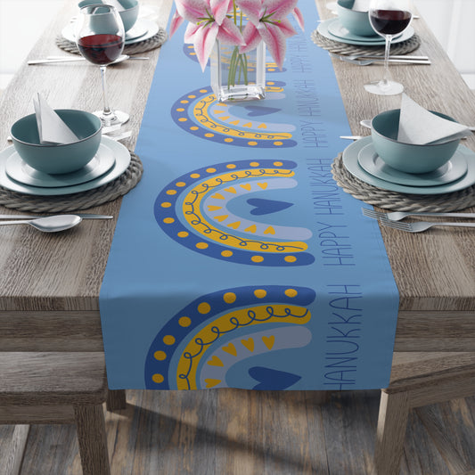 Happy Hanukkah Table Runner Blue Yellow Boho Rainbow Polyester Winter Unique Cozy Cute Holiday Kitchen Dining Decoration Linen