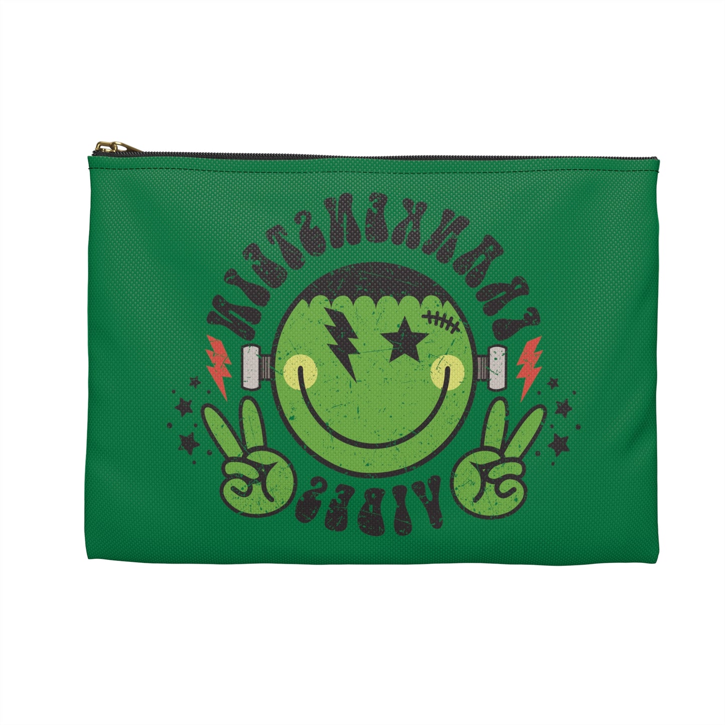 Frankenstein Vibes Distressed Style Green Halloween Print Polyester Accessory Pouch Travel Bag