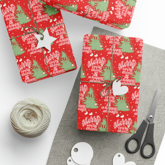 Merry Everything And Happy Always Cute Christmas Tree Retro Style Christmas Holiday Gift Wrap Paper - Glossy Or Matte