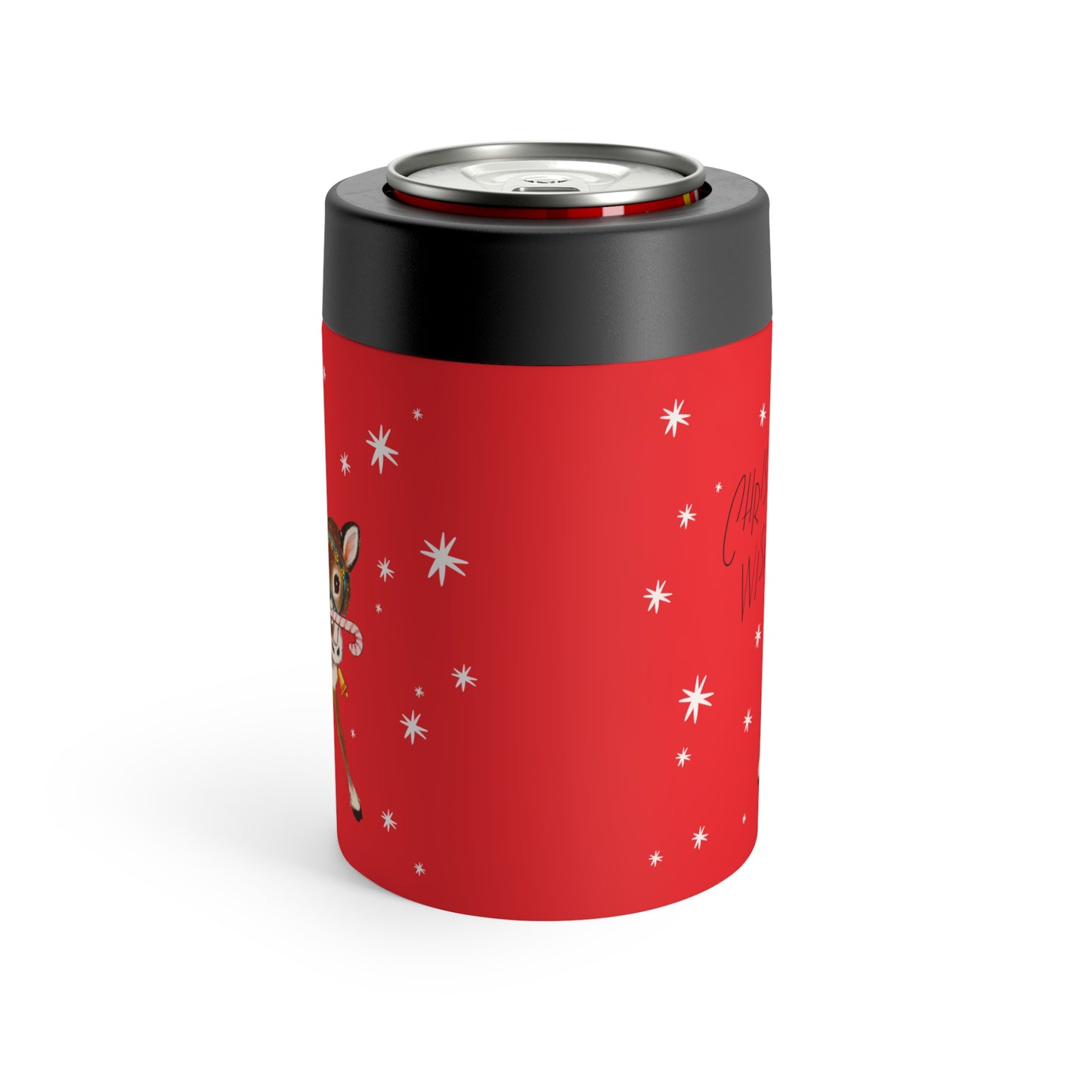 Christmas Wishes Reindeer Stars Red Mid Century Retro Christmas Print Stainless Steel Can Holder