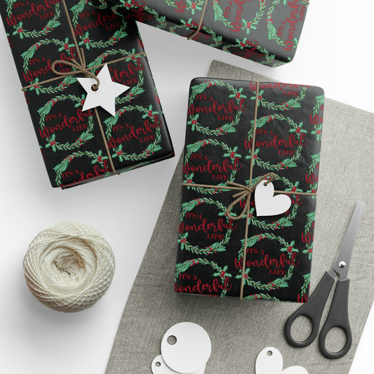 It's A Wonderful Life Christmas Wreath Black Retro Style Holiday Gift Wrap Paper - Glossy Or Matte