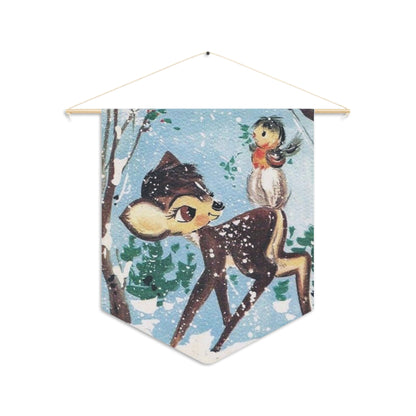 Baby Deer Fawn With Bird In Snow Woodland Retro Christmas Print Wall Hanging Banner Flag