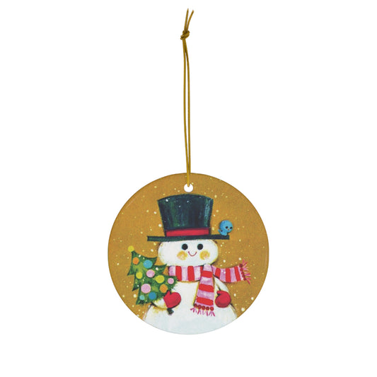 Snowman With Tree And Bluebird Mod Retro Christmas Print Ceramic Ornament