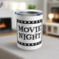 This 10 ounce stainless steel glossy tumbler has a black and white theme with retro atomic era lettering that says Movie Night with a film strip around the lettering.