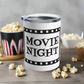 This 10 ounce stainless steel glossy tumbler has a black and white theme with retro atomic era lettering that says Movie Night with a film strip around the lettering.