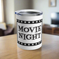 This 10 ounce stainless steel glossy tumbler has a black and white theme with retro atomic era lettering that says Movie Night with a film strip around the lettering.