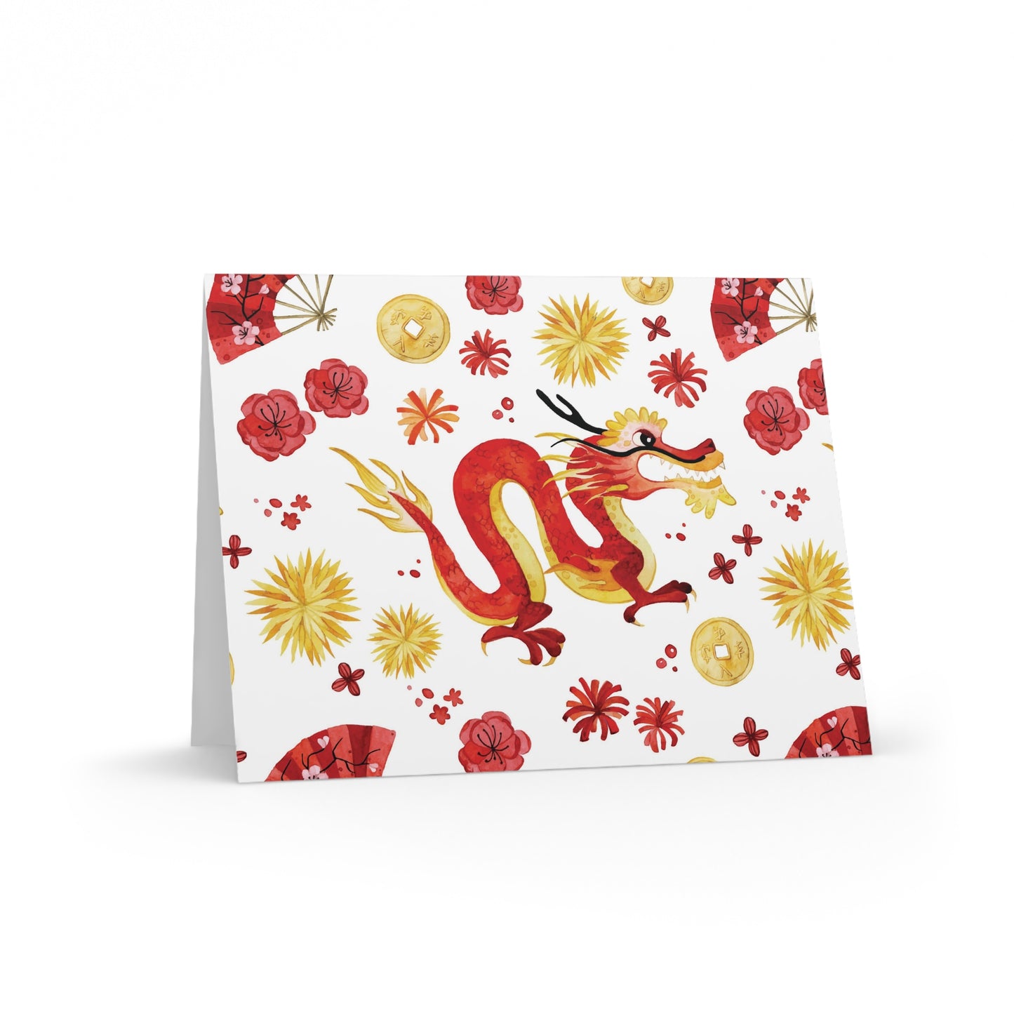 Lunar New Year Of The Dragon Watercolor Spring Festival  Holiday Matte Greeting Cards (8, 16, and 24 pcs)