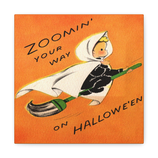 Zoomin' Your Way On Halloween Orange Witch On Broom Retro Halloween Decor Print Canvas Gallery Wrap