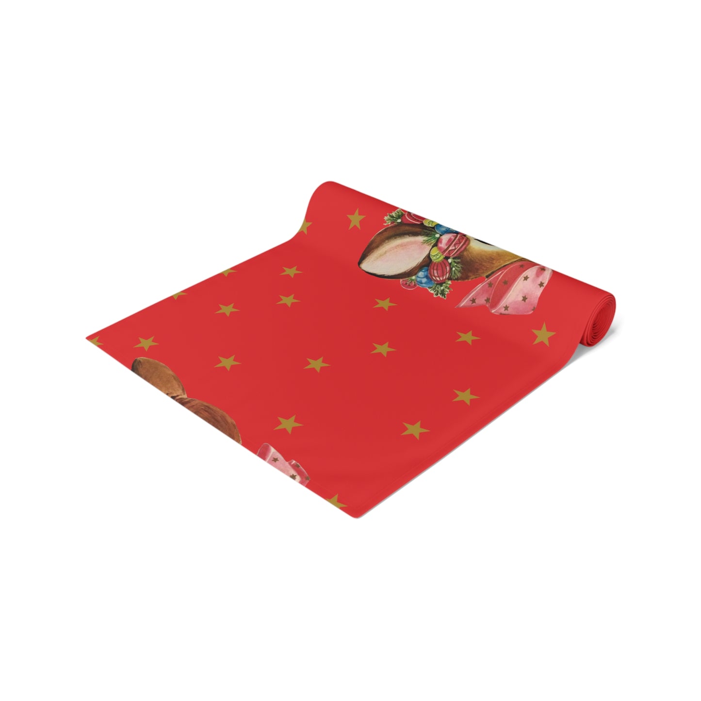 Reindeer Gold Stars Retro Red Christmas Print Home Decor Cotton Poly Table Runner