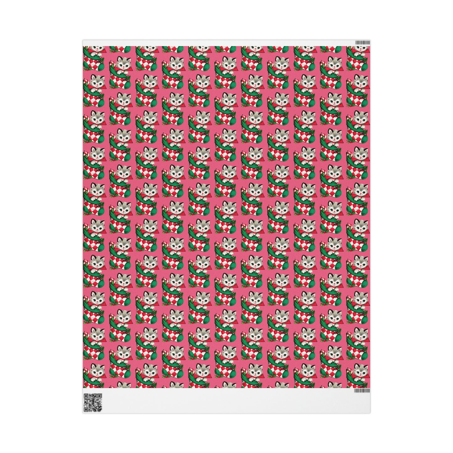 Christmas Kitten In Stocking Pink Mid Century Retro Christmas Print Holiday Gift Wrap Paper - Glossy Or Matte