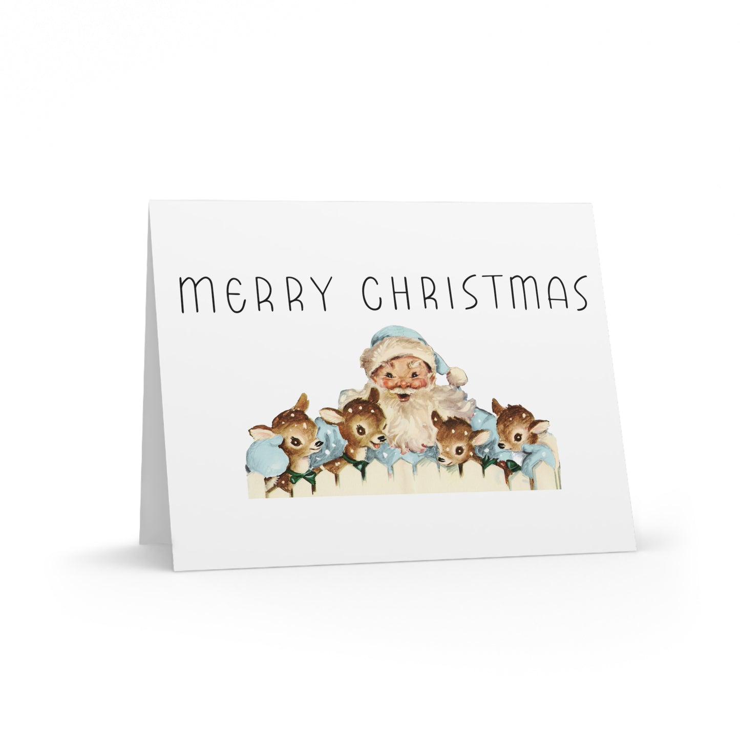 Merry Christmas Santa With Baby Reindeer Mid Century Retro Christmas Print Matte Greeting Cards (8, 16, and 24 pcs)