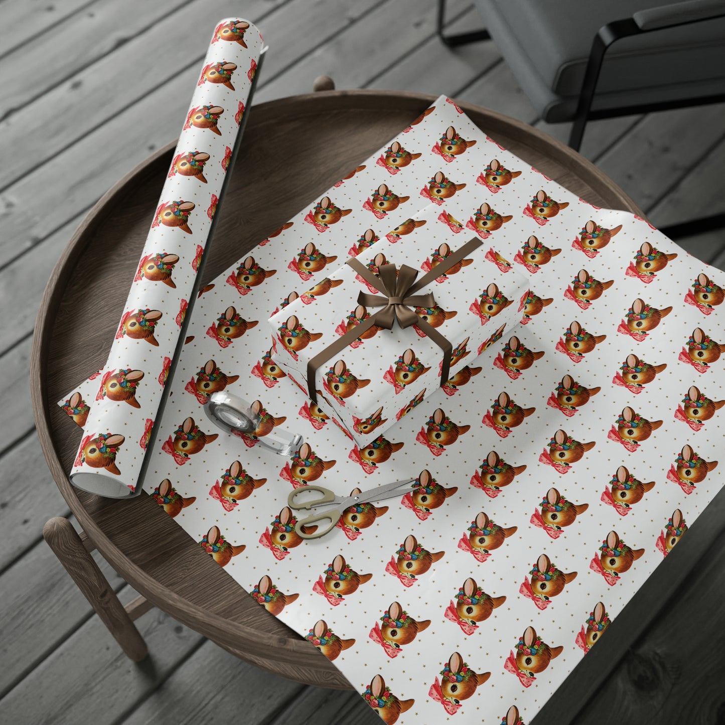 Reindeer Gold Stars Mid Century Retro Christmas Print Holiday Gift Wrap Paper - Glossy Or Matte