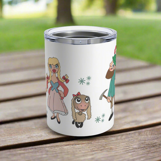 This 10 ounce stainless steel travel tumbler features the characters from The Lonely Goatherd marionette scene in The Sound of Music: The lonely goatherd, girl in the pale pink coat, and the goat family.