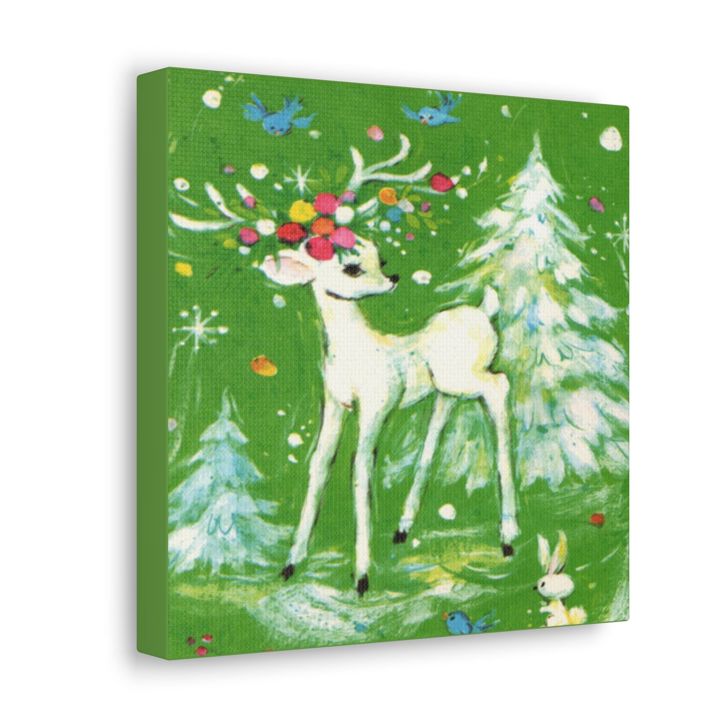 Reindeer Winter Scene Mid Century Retro Christmas Canvas Gallery Wrap