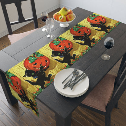 Black Cat With Jack O Lantern Retro Halloween Print Cotton Poly Table Runner