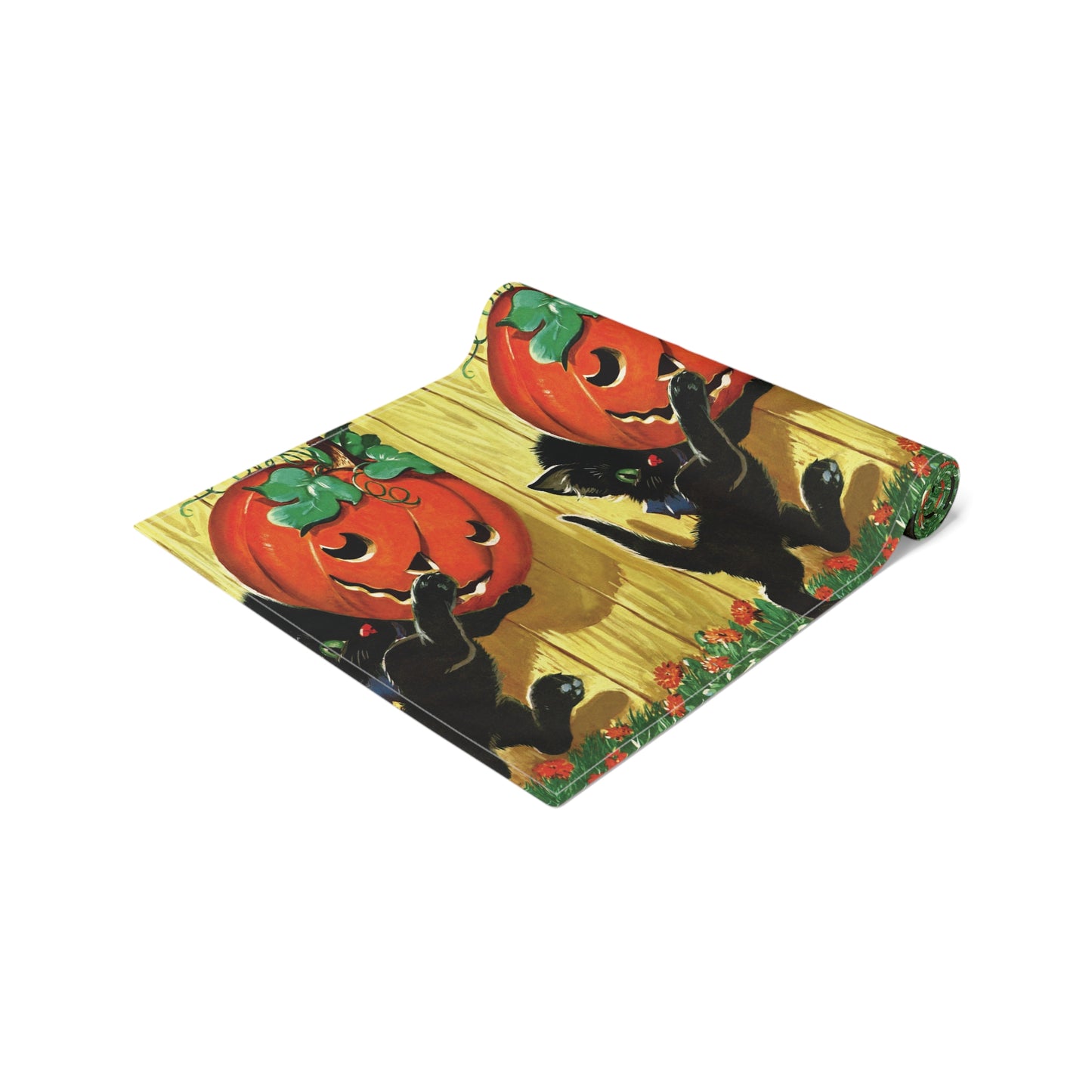 Black Cat With Jack O Lantern Retro Halloween Print Cotton Poly Table Runner