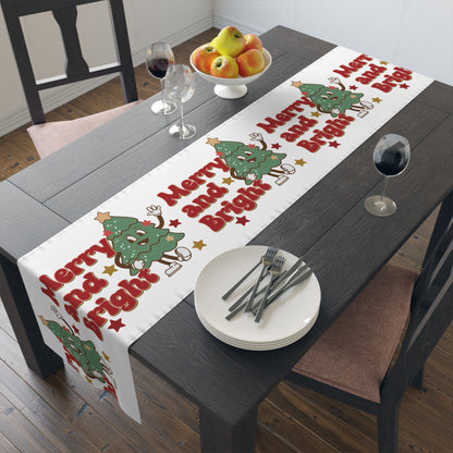 Merry And Bright Cute Christmas Tree Retro Style Christmas Print Home Decor Cotton Poly Table Runner