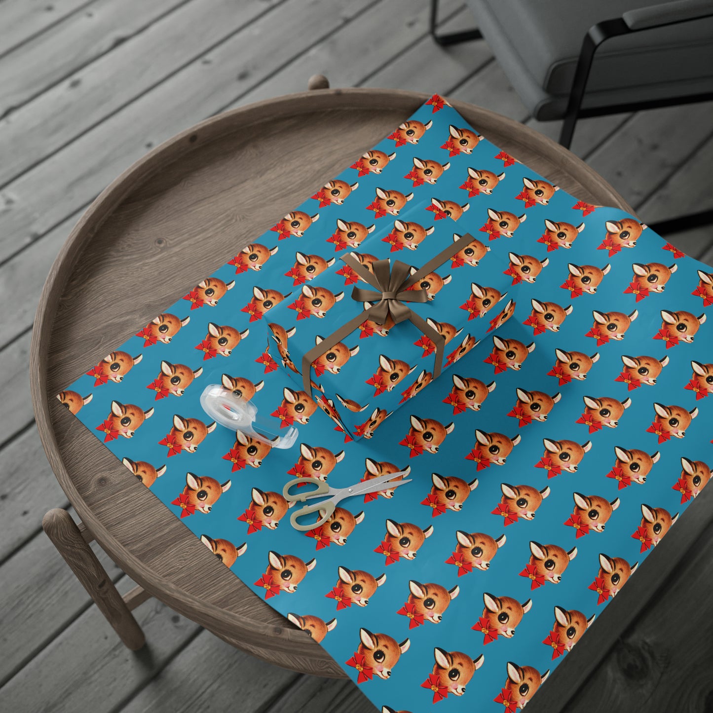 Reindeer With Bow Blue Mid Century Retro Christmas Print Holiday Gift Wrap Paper - Glossy Or Matte