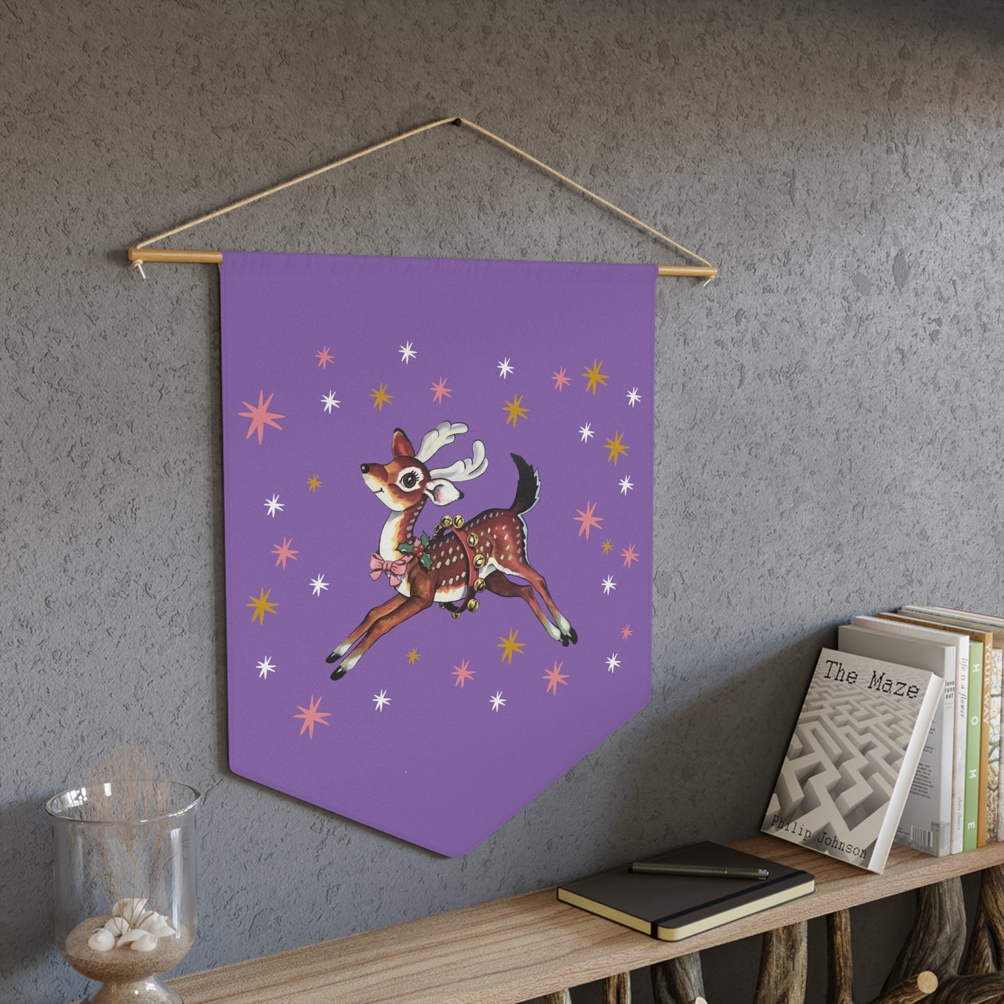 Reindeer Stars Purple Mid Century Retro Christmas Print Wall Hanging Banner Flag