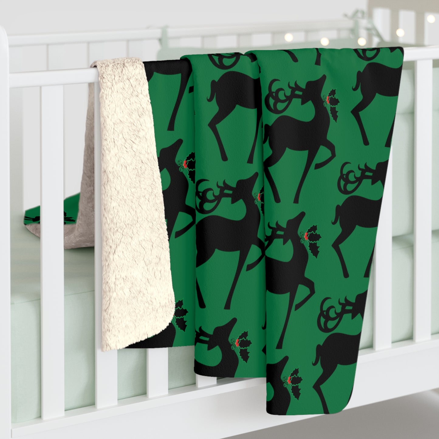 Reindeer Silhouette Green Retro Christmas Print Sherpa Fleece Blanket