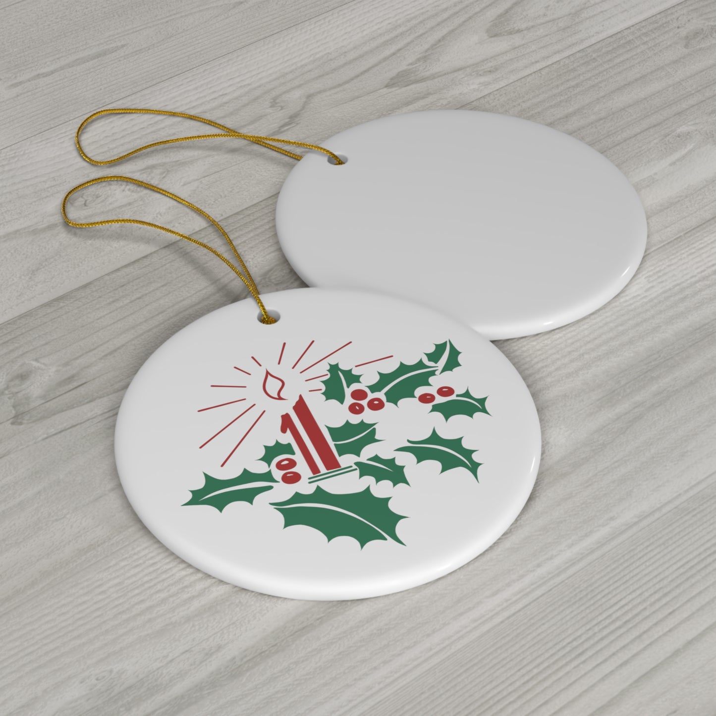 Holly And Candle Mid Century Retro Christmas Print Ceramic Ornament