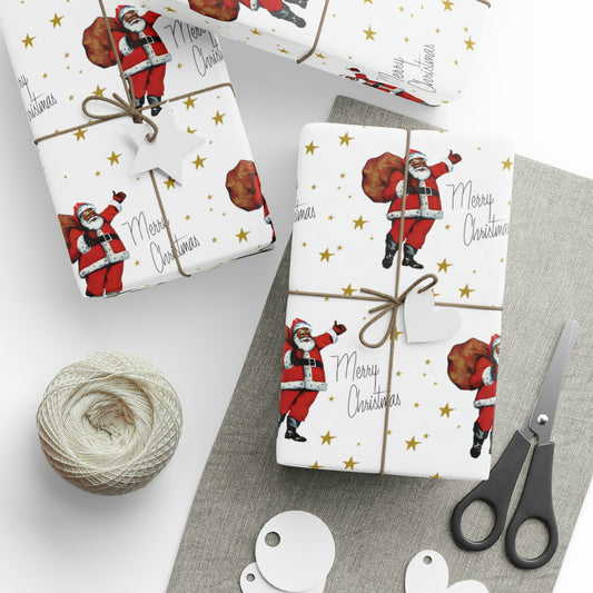 This Christmas gift wrap features a retro illustration of a diverse black Santa holding his sack of presents surrounded but little gold stars.