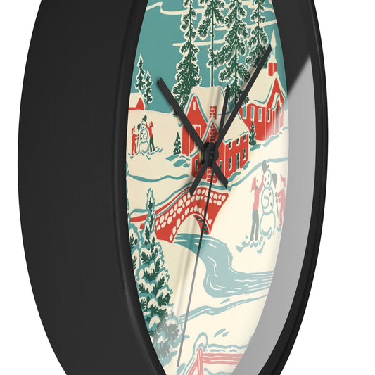 Christmas Village Town Retro Christmas Print Black Christmas Wall Clock