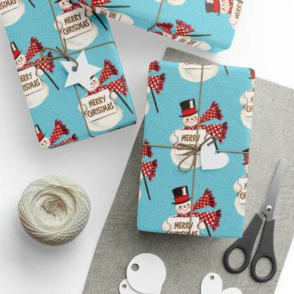 Merry Christmas Snowman Blue Mid Century Retro Christmas Print Holiday Gift Wrap Paper - Glossy Or Matte